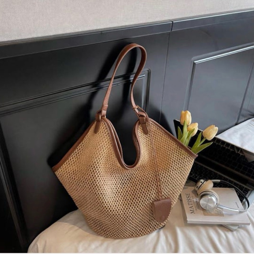 Woven Straw Tote Bag with Brown Leather Trim